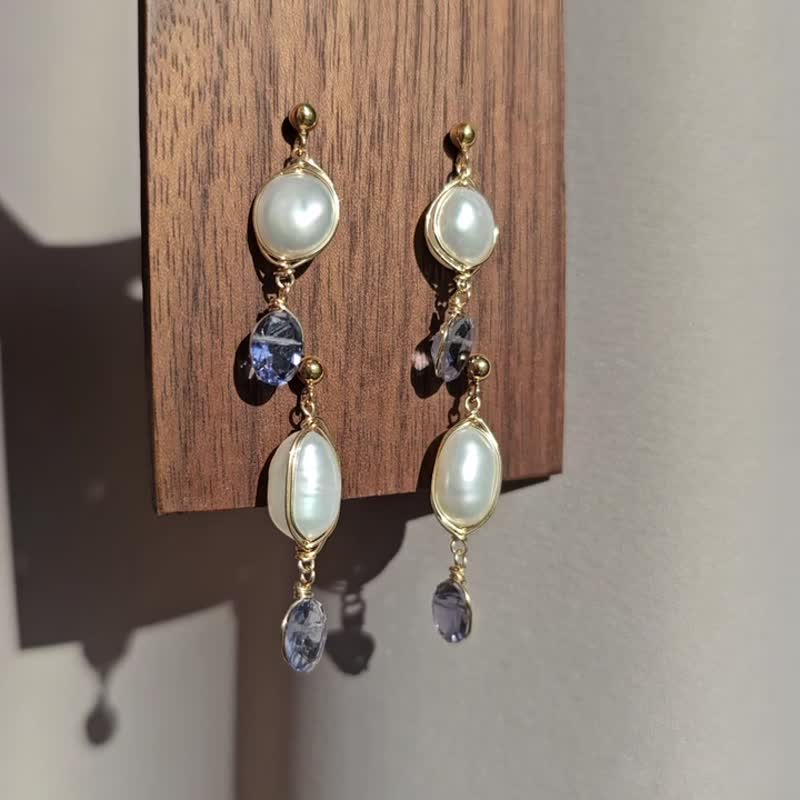 精致堇青石与珍珠 14KGF 手链耳环组 - 手链/手环 - 宝石 蓝色