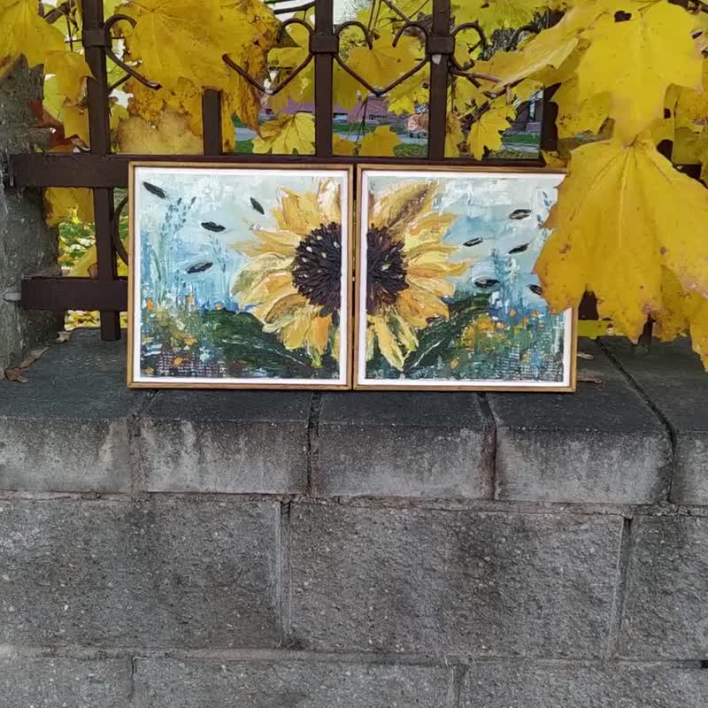 双联画向日葵。黄色花朵，布面油画。家居装饰、礼品 - 墙贴/壁贴 - 其他材质 多色
