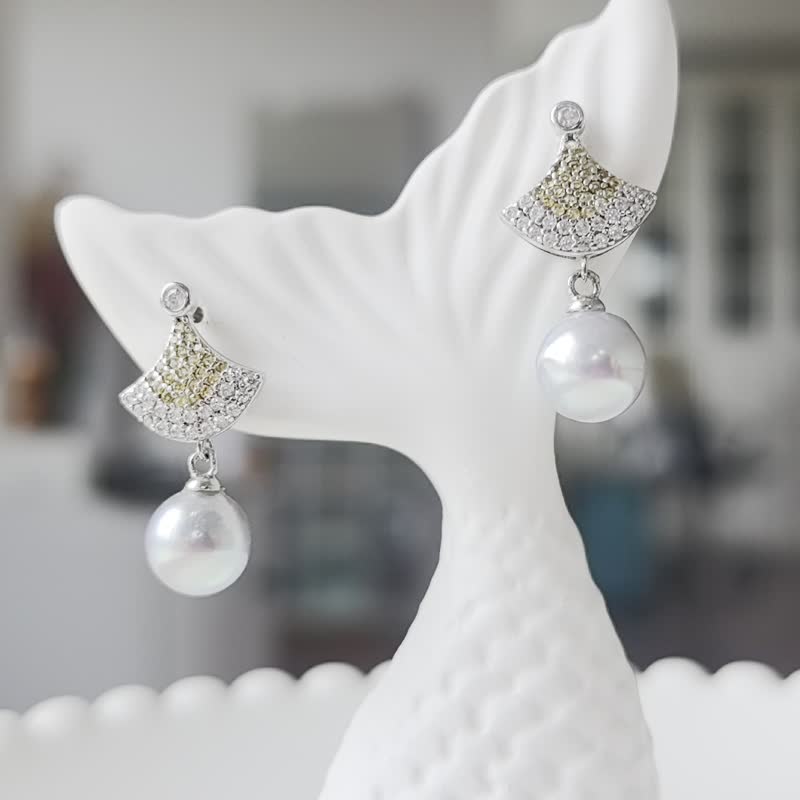 裙摆 天然海水珍珠 akoya 真多麻 纯银 灵动 耳环 - 耳环/耳夹 - 珍珠 透明