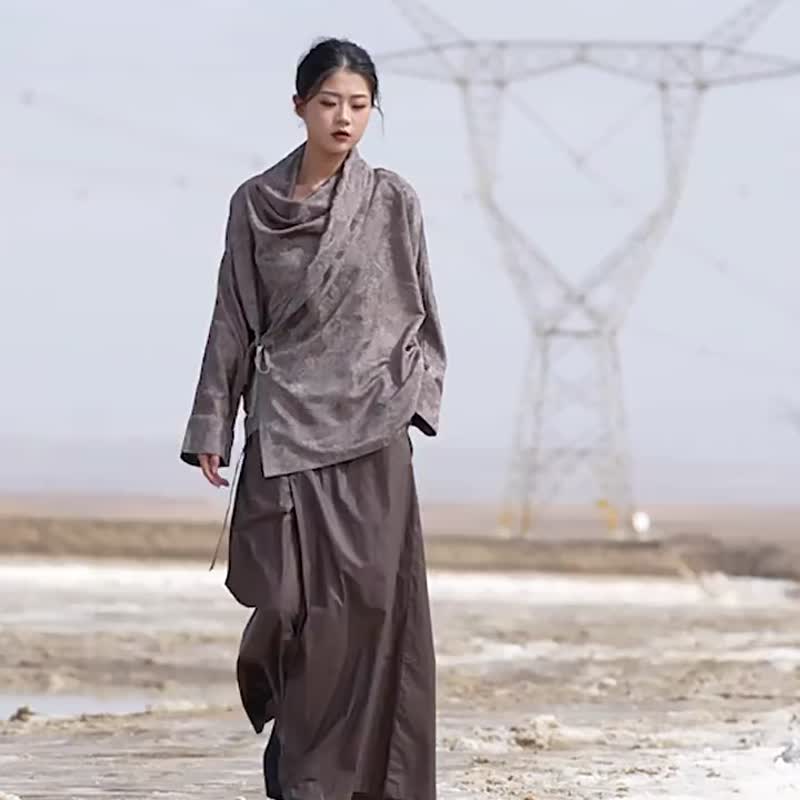 蓝/灰/棕 3色 身材友好 新中式绑带松紧腰裙裤武士裤 - 女装长裤 - 棉．麻 咖啡色