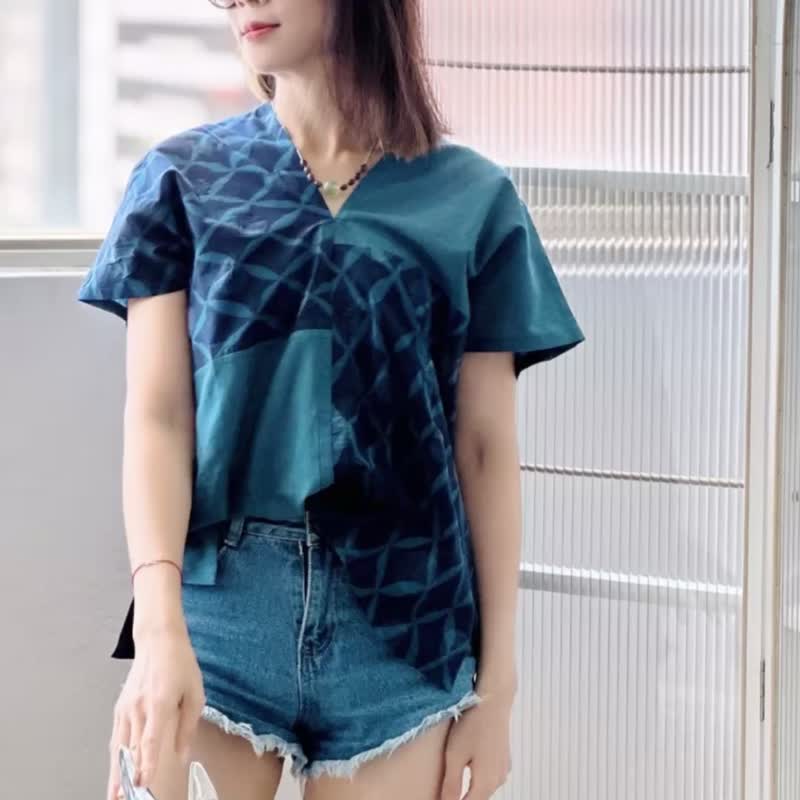 独一无二蓝绿色拼接波浪圆点方块四角衣四方衣 - 女装上衣 - 棉 蓝色