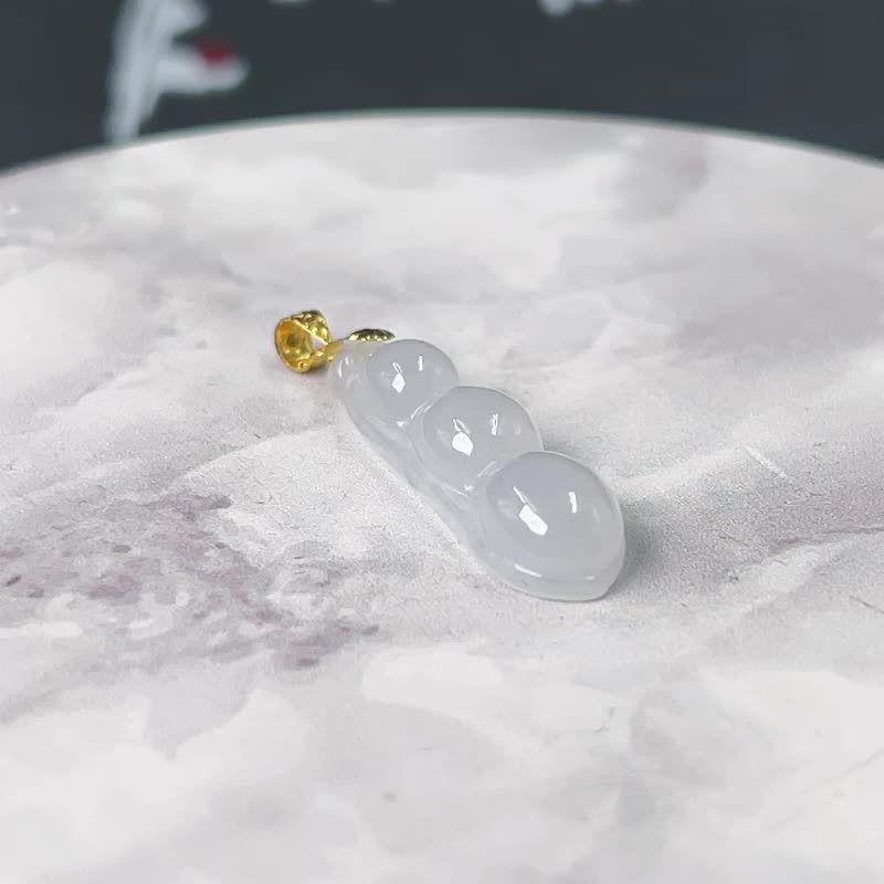 冰种翡翠福豆吊坠 18K金镶嵌 | 天然A货翡翠 | 送礼 - 吊饰 - 玉石 透明