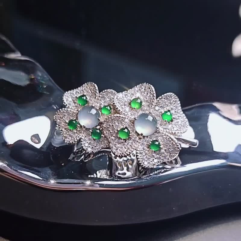 财富•幸运|两用款-蓝刚亮绿四叶草|A货翡翠纯银满钻胸针吊坠 - 胸针 - 玉石 