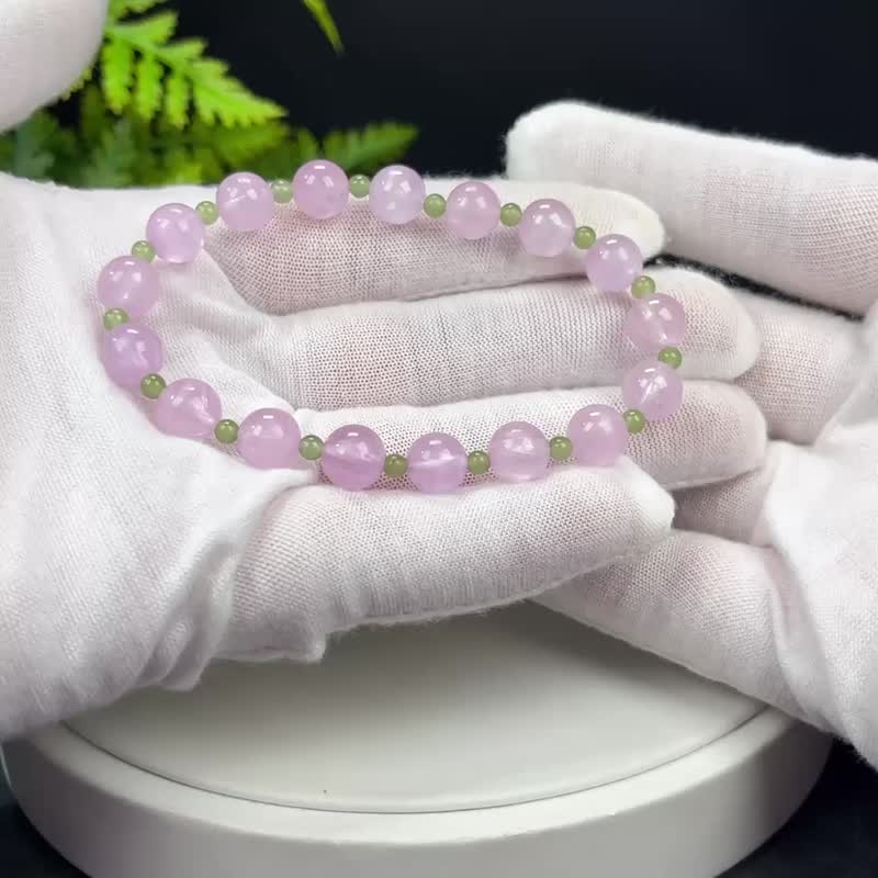 精品紫锂辉手串8mm冰透拉丝浅薰衣草紫搭配湖水绿和田玉淡雅柔润 - 手链/手环 - 水晶 