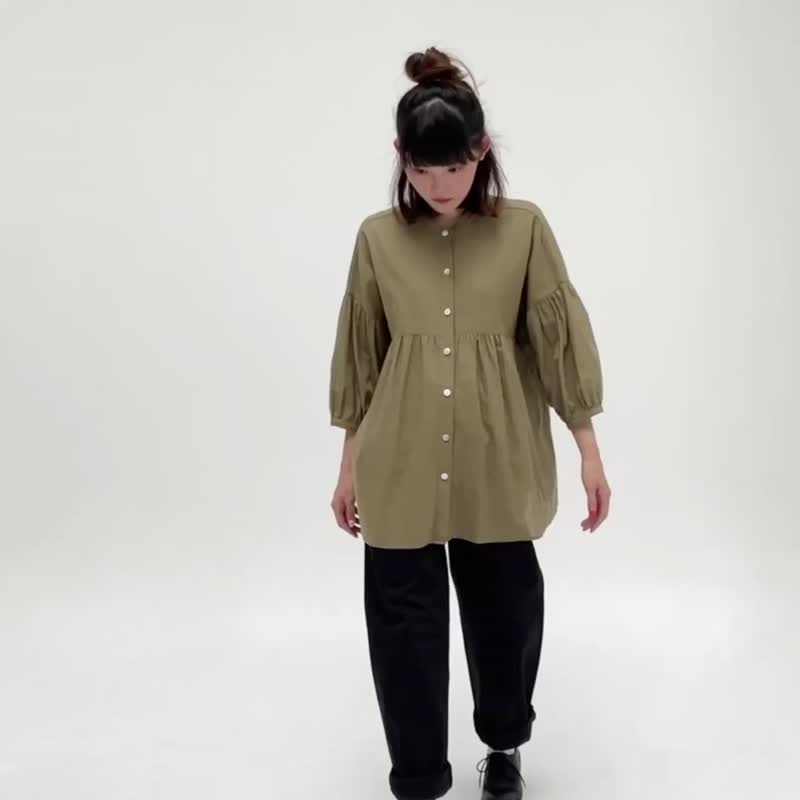 3/4 Sleeve Mandarin Collar Shirt - Olive Green - 女装衬衫 - 亚麻 绿色