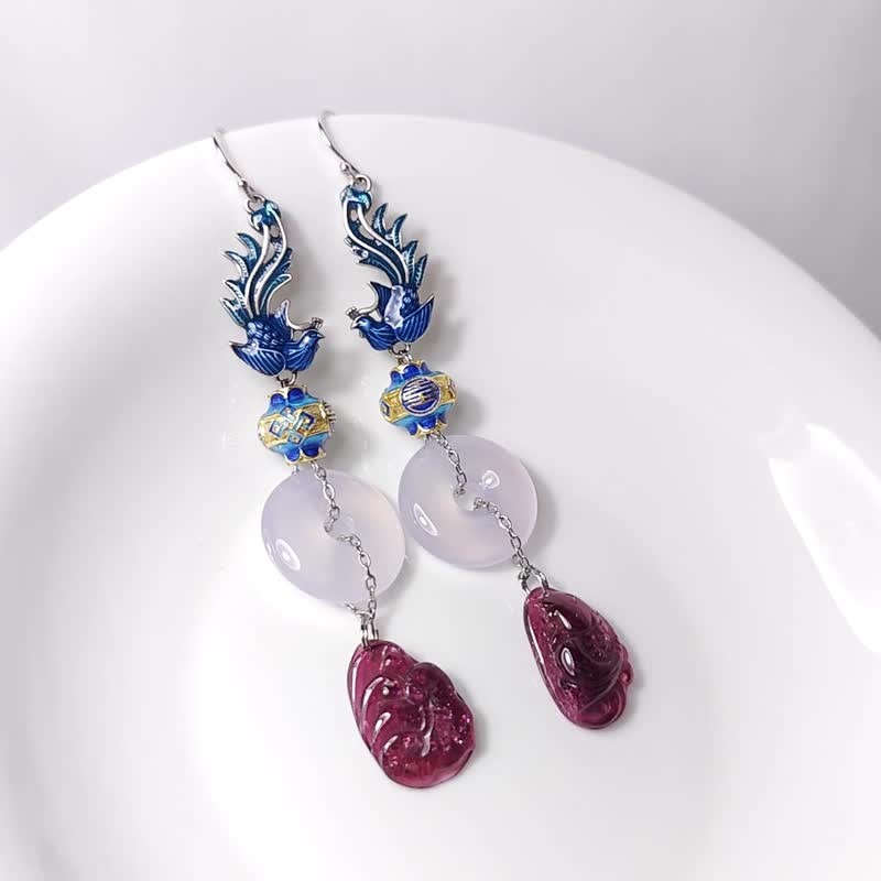 顶级 红碧玺 鱼跃龙门 如意 白玉瓍古钱 珐琅凤 大宝石耳环 单品 - 耳环/耳夹 - 宝石 红色