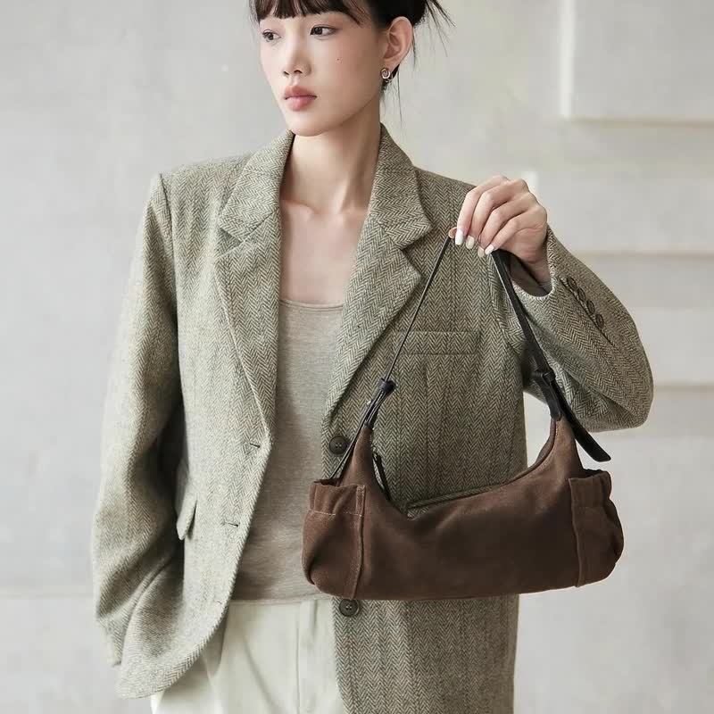 sobag秋冬休闲简约反绒牛皮单肩手拎腋下包女气质通勤斜挎法棍包 - 侧背包/斜挎包 - 真皮 咖啡色