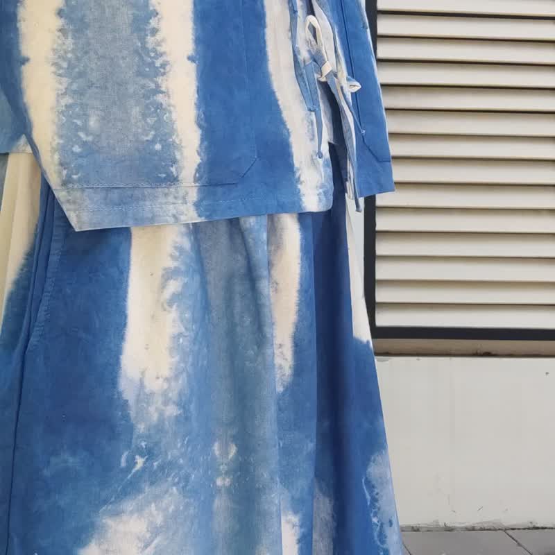 Crop Bow Line - 靛蓝无袖短上衣直条纹蓝色 - 女装上衣 - 棉．麻 蓝色