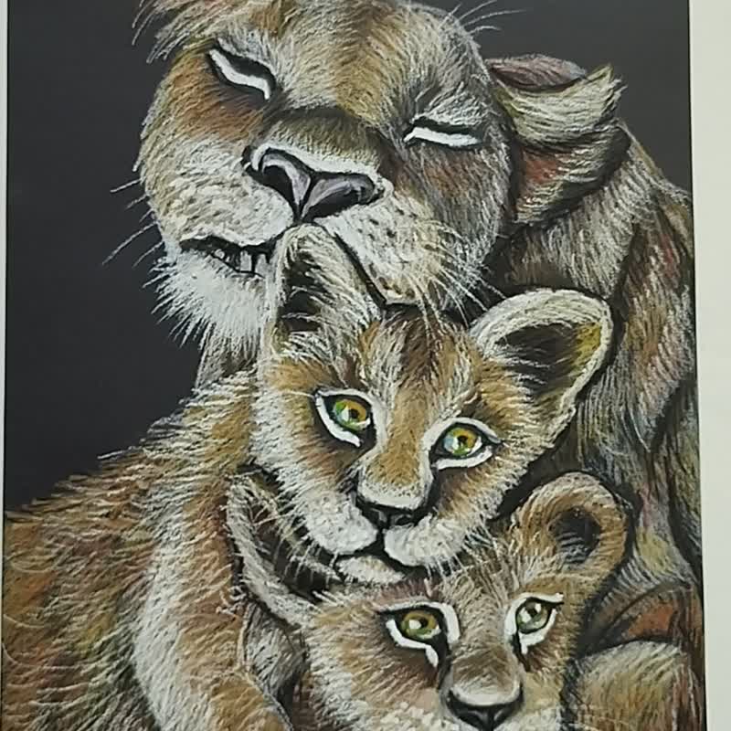 母狮和小熊油画棒肖像艺术动物狮子幼崽的母亲绘画 - 墙贴/壁贴 - 纸 咖啡色