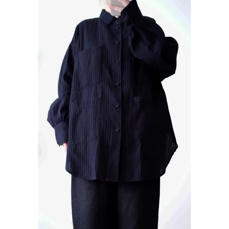 墨黑立体长袖衬衫 - 女装衬衫 - 棉．麻 黑色