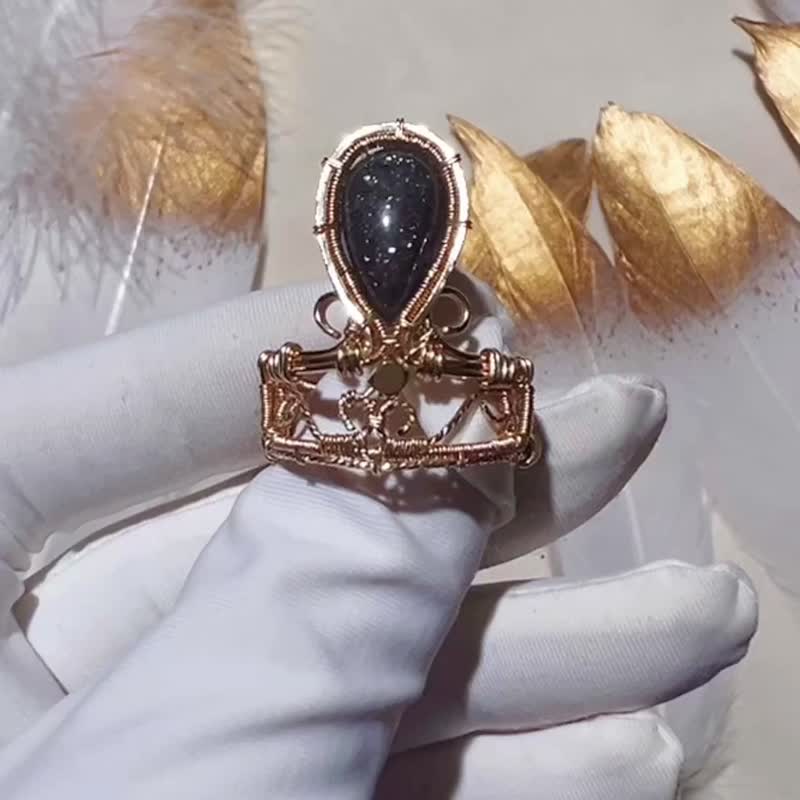 纯手工14K包金绕线黑太阳石开口中性戒指 - 戒指 - 宝石 多色