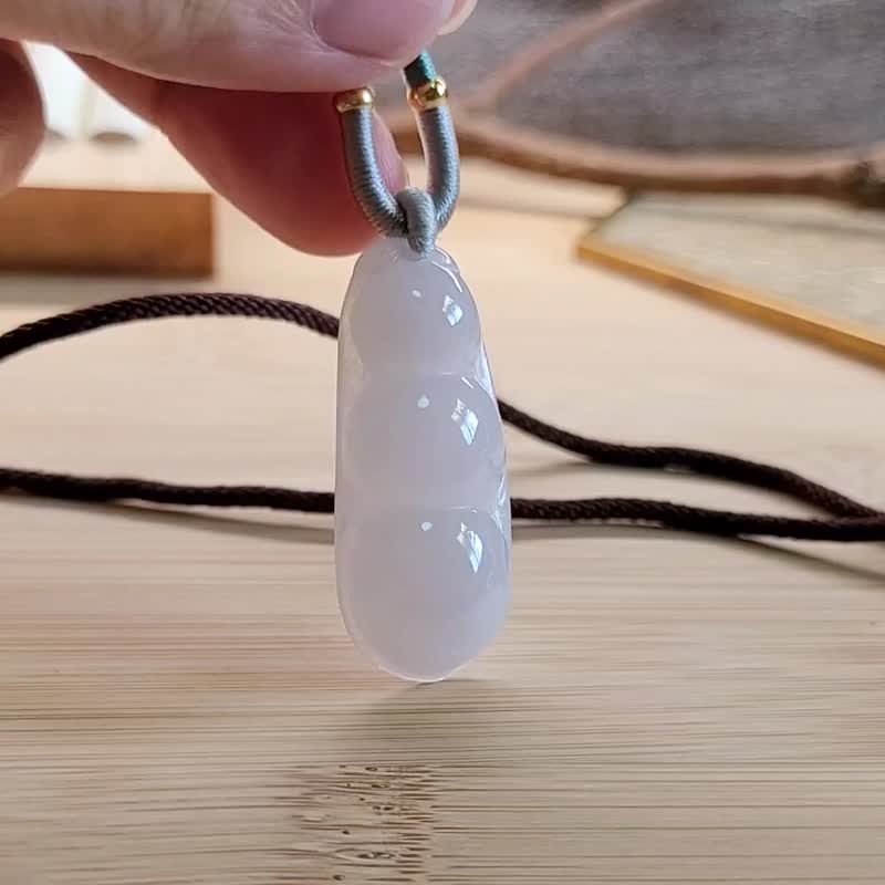 【亲翠】天然翡翠 白冰极简润大胖豆子调整式绳链 连中三元好运来 - 项链 - 玉石 白色