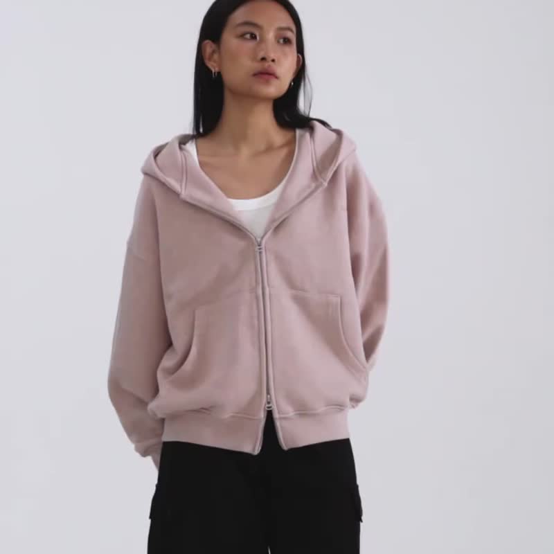 中性重磅加厚花纱短版 oversize 拉链連帽外套 休閒情侶裝 - 女装休闲/机能外套 - 棉．麻 多色