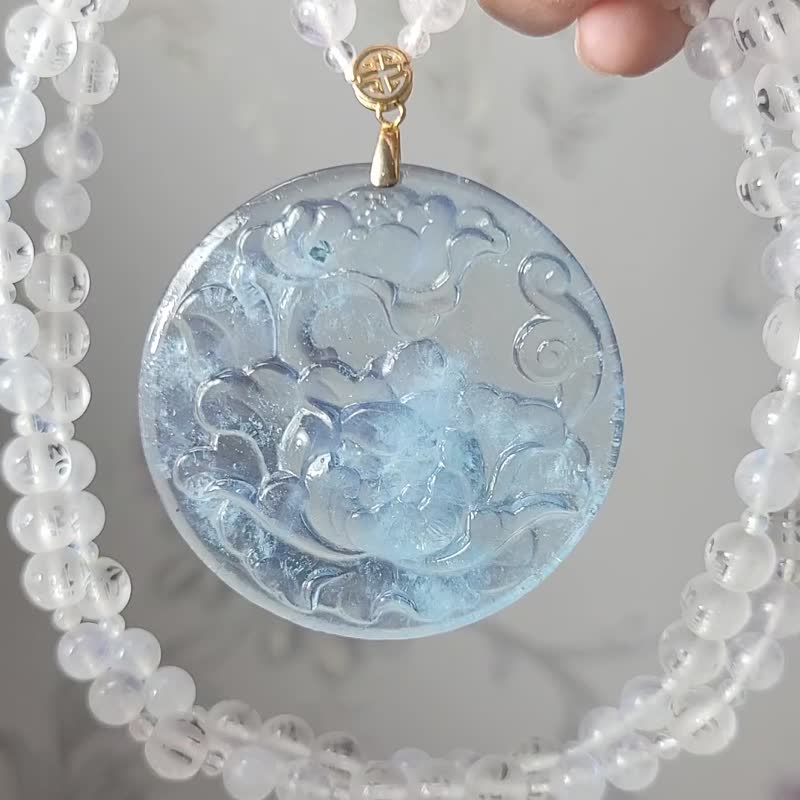 冰种 海蓝宝 莲花 蓝月光 六字真言 清净 富贵 智慧 项链 单品 - 项链 - 宝石 蓝色