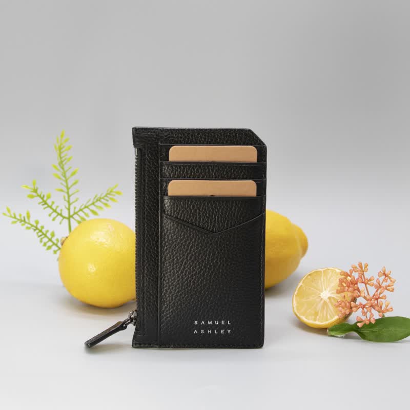 【意大利皮革】Nicky真皮卡片套连拉链口袋 - 全黑色 男女中性款 - 名片夹/名片盒 - 真皮 黑色