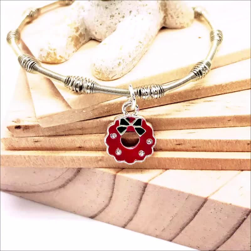 桂冠花环银珠手链 双面图案 弹性手围 圣诞礼盒 派对穿搭 - 手链/手环 - 银 红色