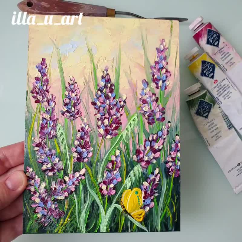 Bluebonnet Painting Butterfly Original Art Floral Wall Art Small Oil Painting - 海报/装饰画/版画 - 其他材质 多色