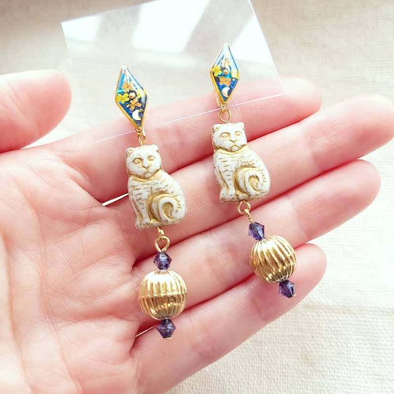 菱形干燥花+复古猫 2way耳环 抗过敏医疗钢 - 耳环/耳夹 - 玻璃 金色