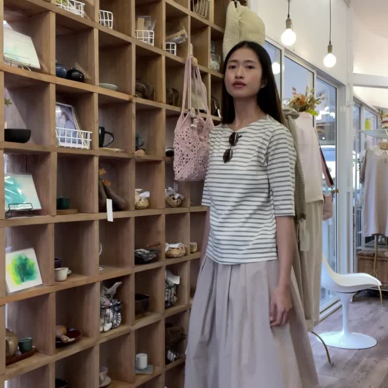 削肩领口、七分袖、手工棉织、天然染、棕色条纹 - 女装上衣 - 棉 咖啡色
