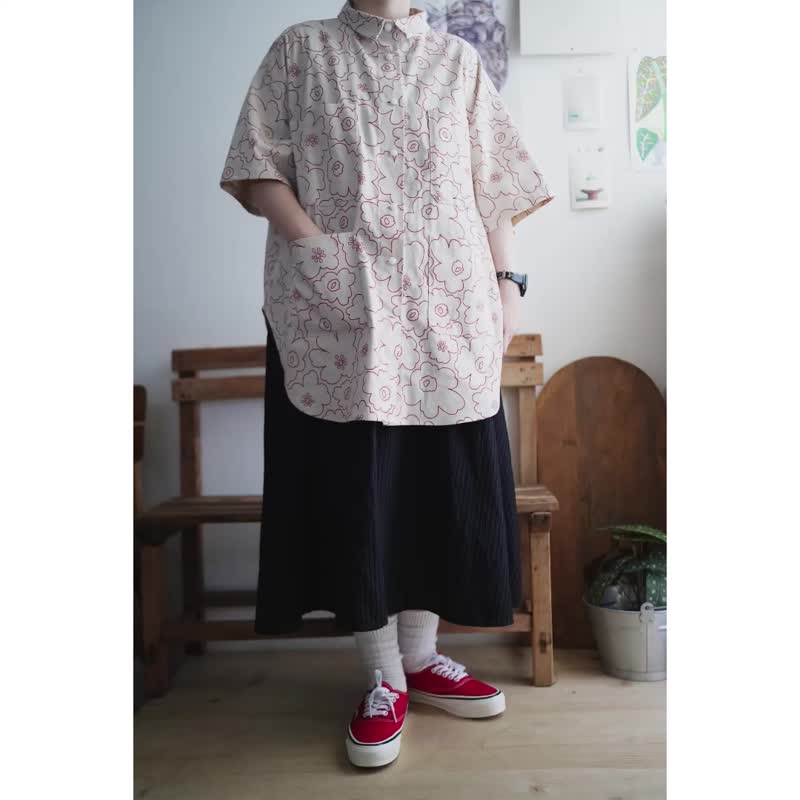米色棉麻红线花工装衬衫短袖 - 女装衬衫 - 棉．麻 白色