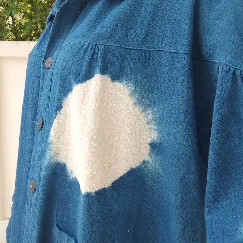 Harper - 衬衫领靛蓝色扎染超大中长连身裙 - 洋装/连衣裙 - 棉．麻 蓝色