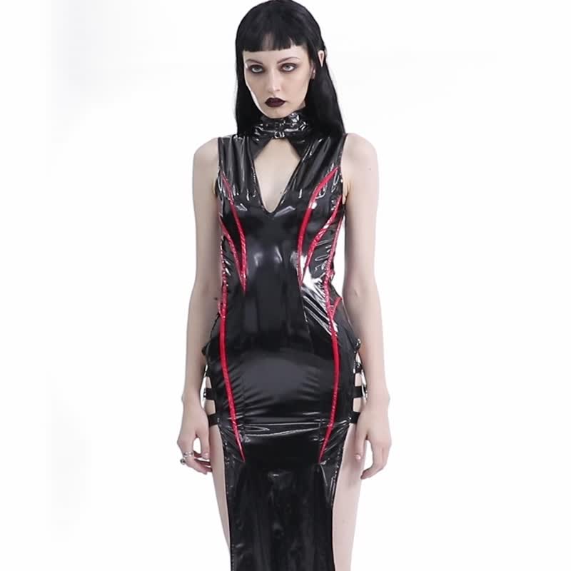 庞克机器人开衩亮皮革连身裙 - 黑 / 红 - 洋装/连衣裙 - 其他材质 咖啡色