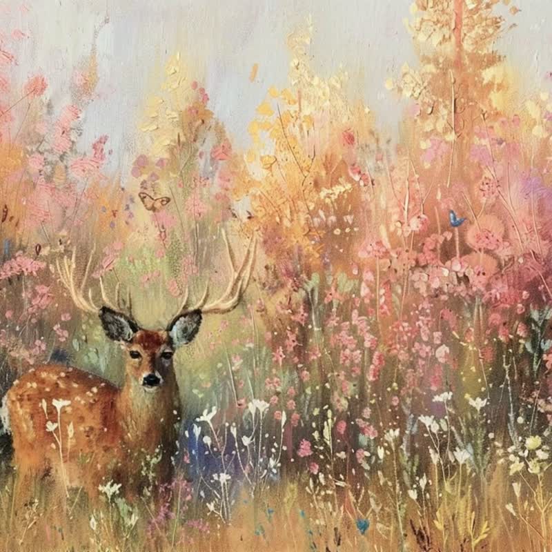 鹿隐花丛 梅花鹿艺术微喷版画 秋日风景 客厅书房装饰 无框画挂画 - 海报/装饰画/版画 - 棉 