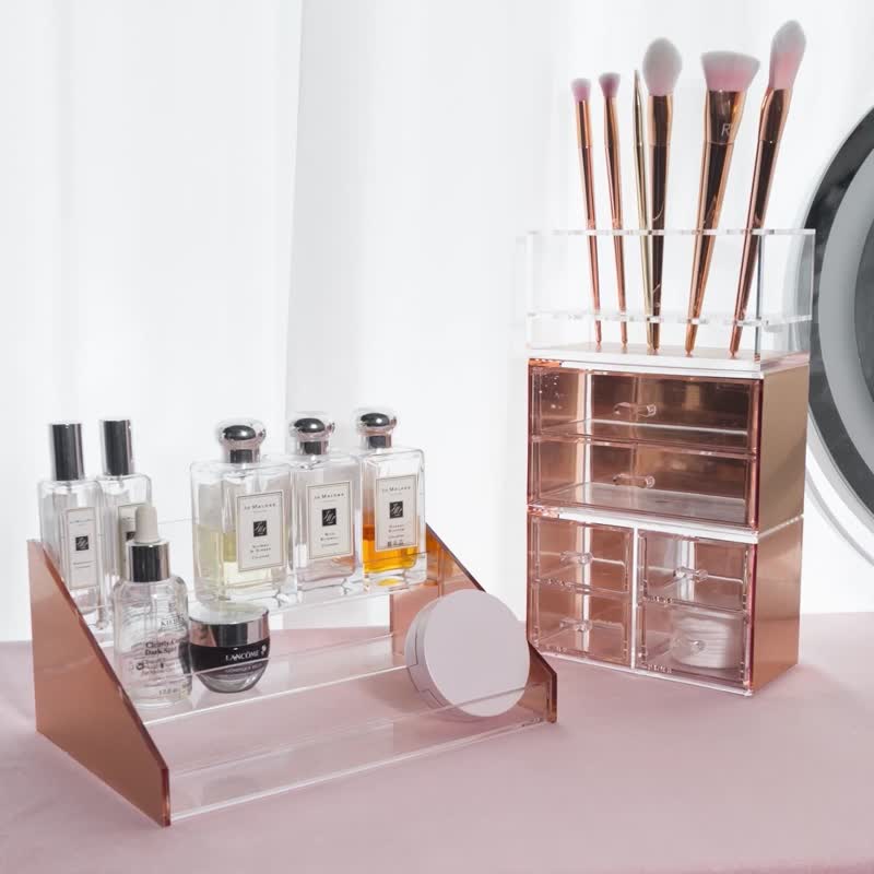 【女友礼物】玫瑰金/美妆收纳四件组(刷具架+二+四格抽屉+香水架) - 其他 - 压克力 金色