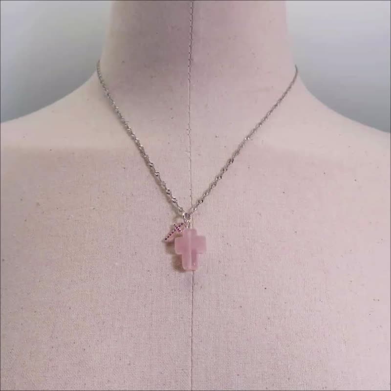 粉晶双十字架项链-纯银链45cm 纯银微镶玫瑰红色钻锆石x天然水晶 - 锁骨链 - 纯银 粉红色