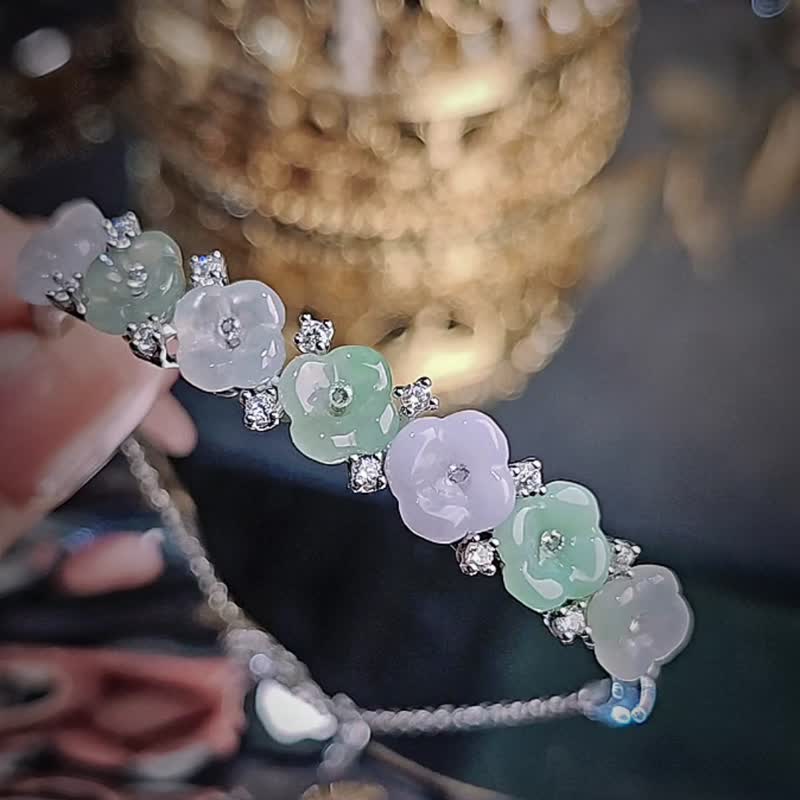 招财•贵人•转好运|梦幻多宝冰胶桂花|缅甸A货翡翠纯银手镯链 - 手链/手环 - 玉石 多色