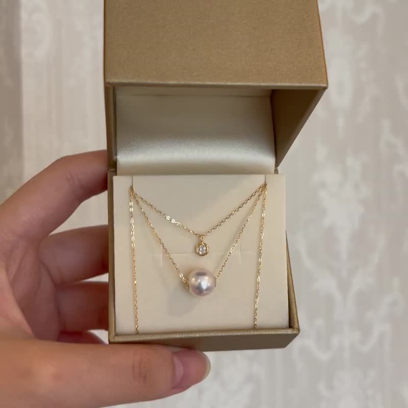 日本制 akoya 珍珠项链 18k 金双层项链 0.1ct 钻石吊坠 幸运路路通 - 项链 - 珍珠 白色