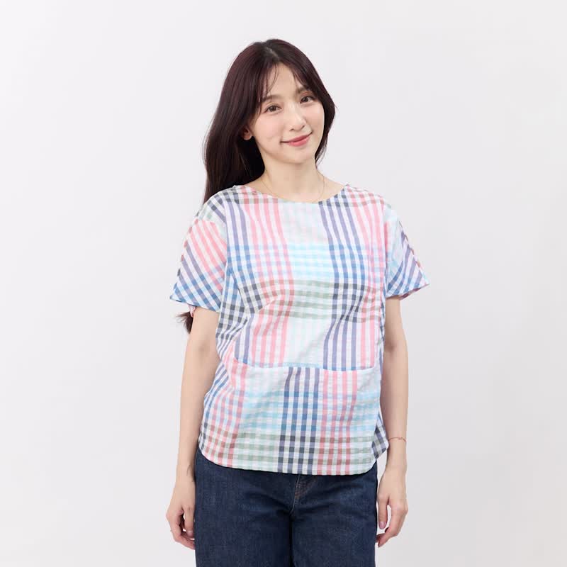 Debbie 方型小蓋袖拼接棉質上衣/彩色格紋 - 女装上衣 - 棉 多色