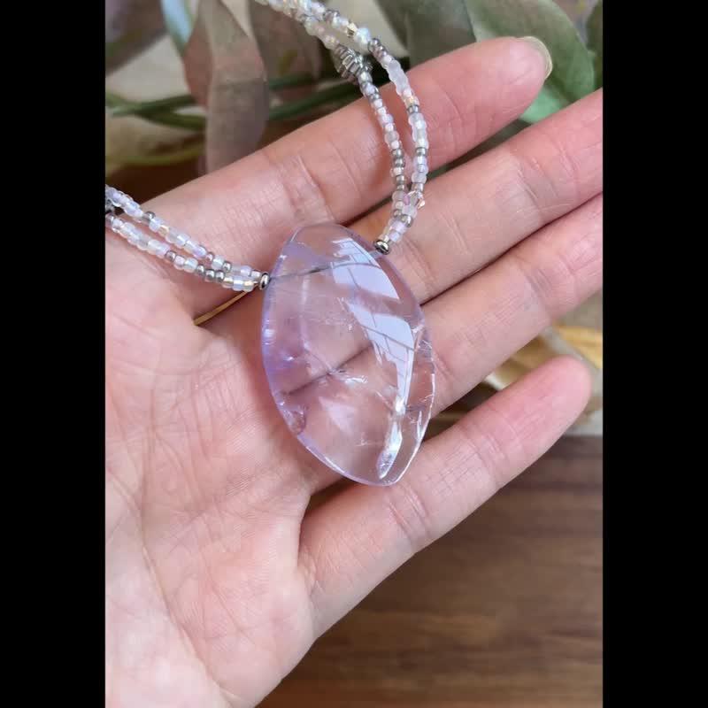 紫水晶 玻璃米珠x天然石 珠珠锁骨链 - 项链 - 水晶 紫色
