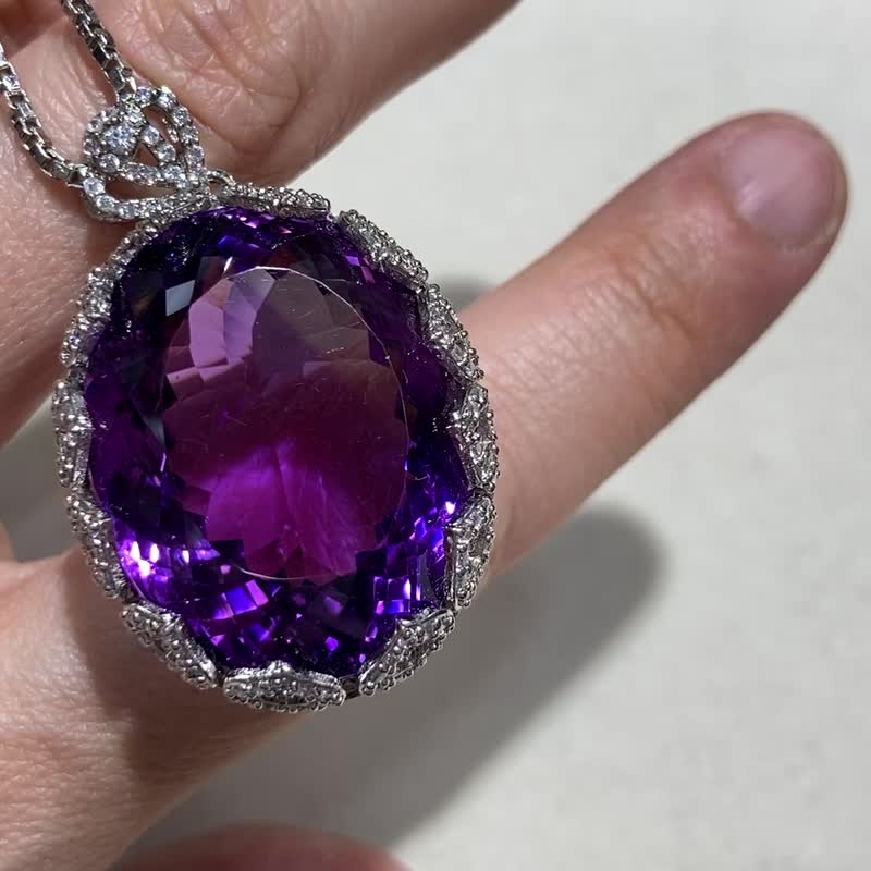天然 紫水晶 吊坠 印度制 925纯银 - 项链 - 水晶 紫色