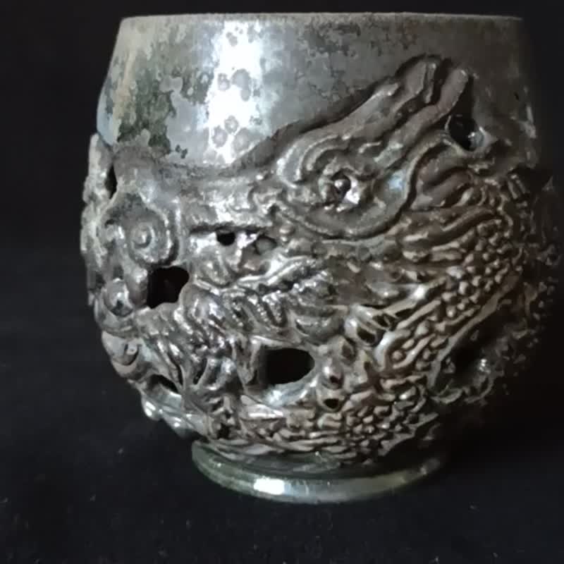 柴烧龙腾祥云双层镂空雕刻防烫杯 - 茶具/茶杯 - 陶 多色