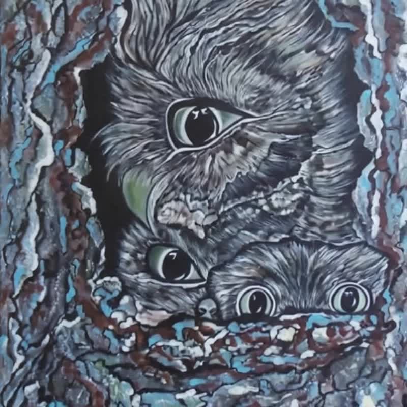 猫头鹰画作、鸟类墙面艺术、大型画布、原创画作、现代艺术品 - 墙贴/壁贴 - 压克力 