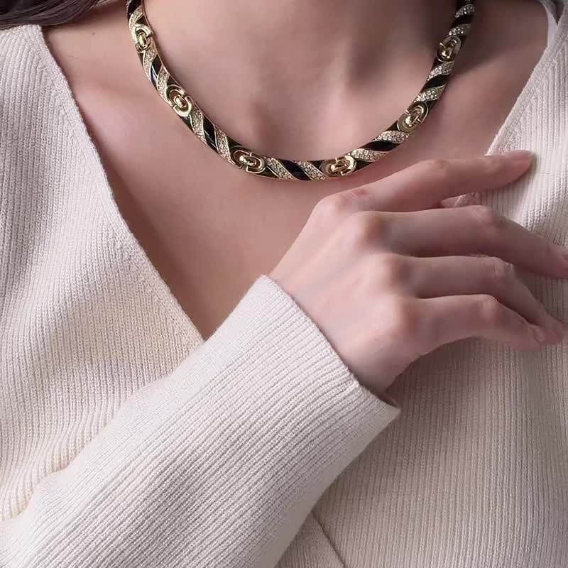 中古正品 Christian Dior 迪奥黑珐琅水钻项链 锁骨链 宴会珠宝 - 项链 - 其他金属 黑色