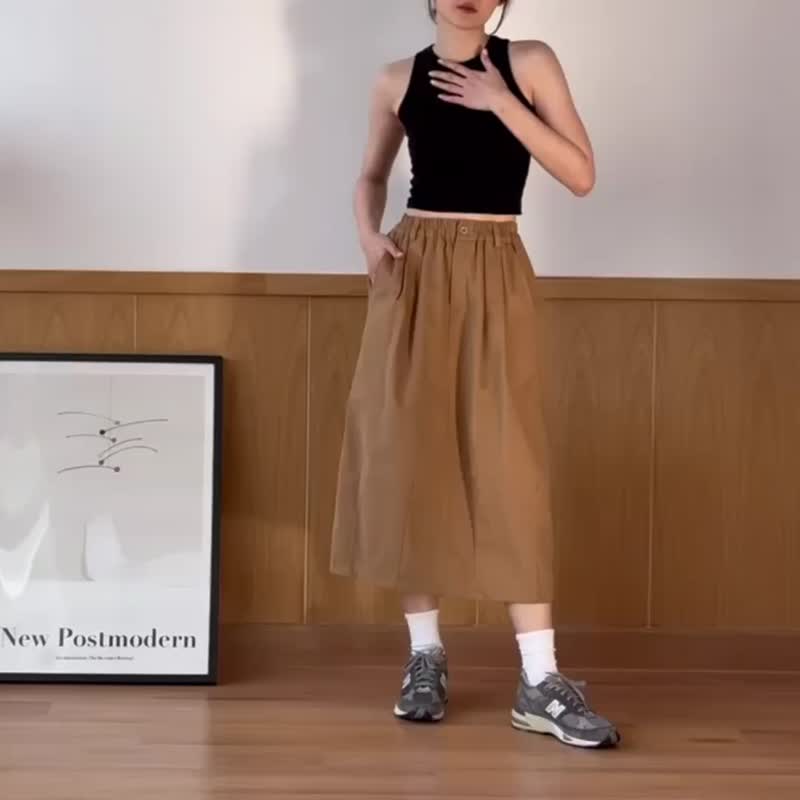 棉质气球裙 - 卡其色 - 裙子 - 棉．麻 卡其色