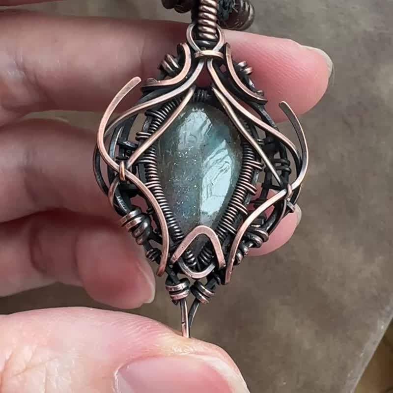 WW377 民族风 全手工编织 绕铜线 复古做旧 wire wrap 拉长石吊咀 - 项链 - 铜/黄铜 咖啡色